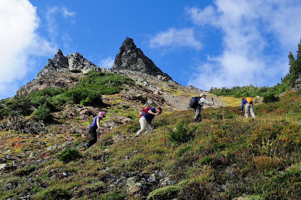 Hikers on a steep slope