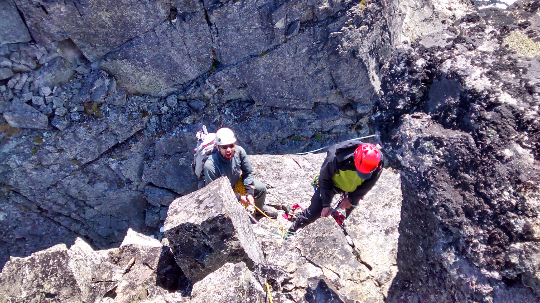 Climbers on a small ledge